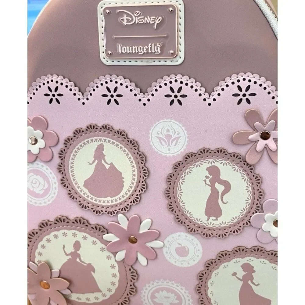 Loungefly Disney Princess Silhouettes Floral Lace Pink Backpack Belle Snow NWT